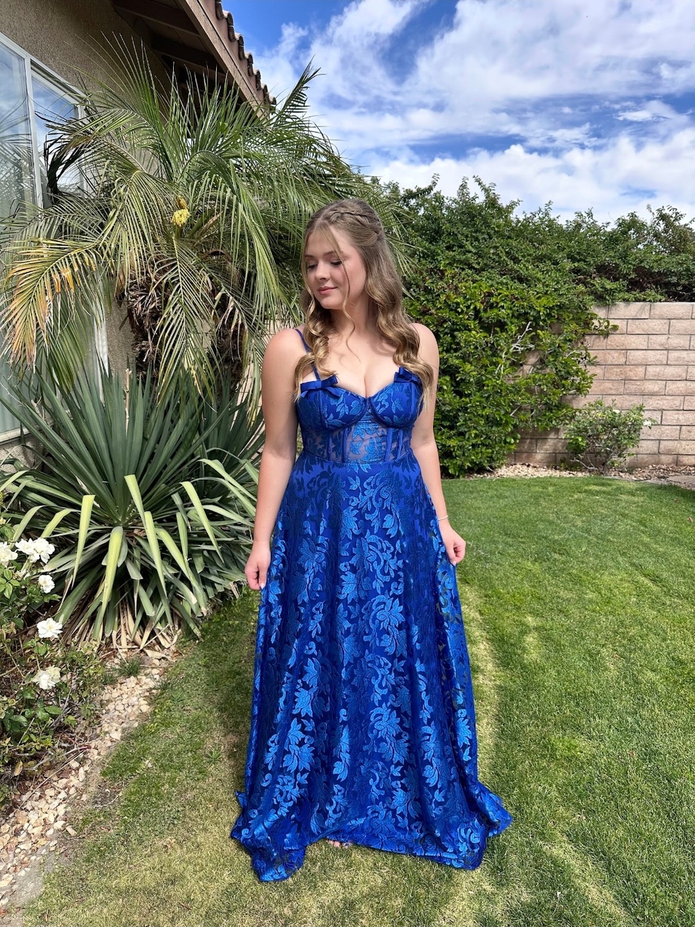 Royal Blue Floral Lace Prom Gown